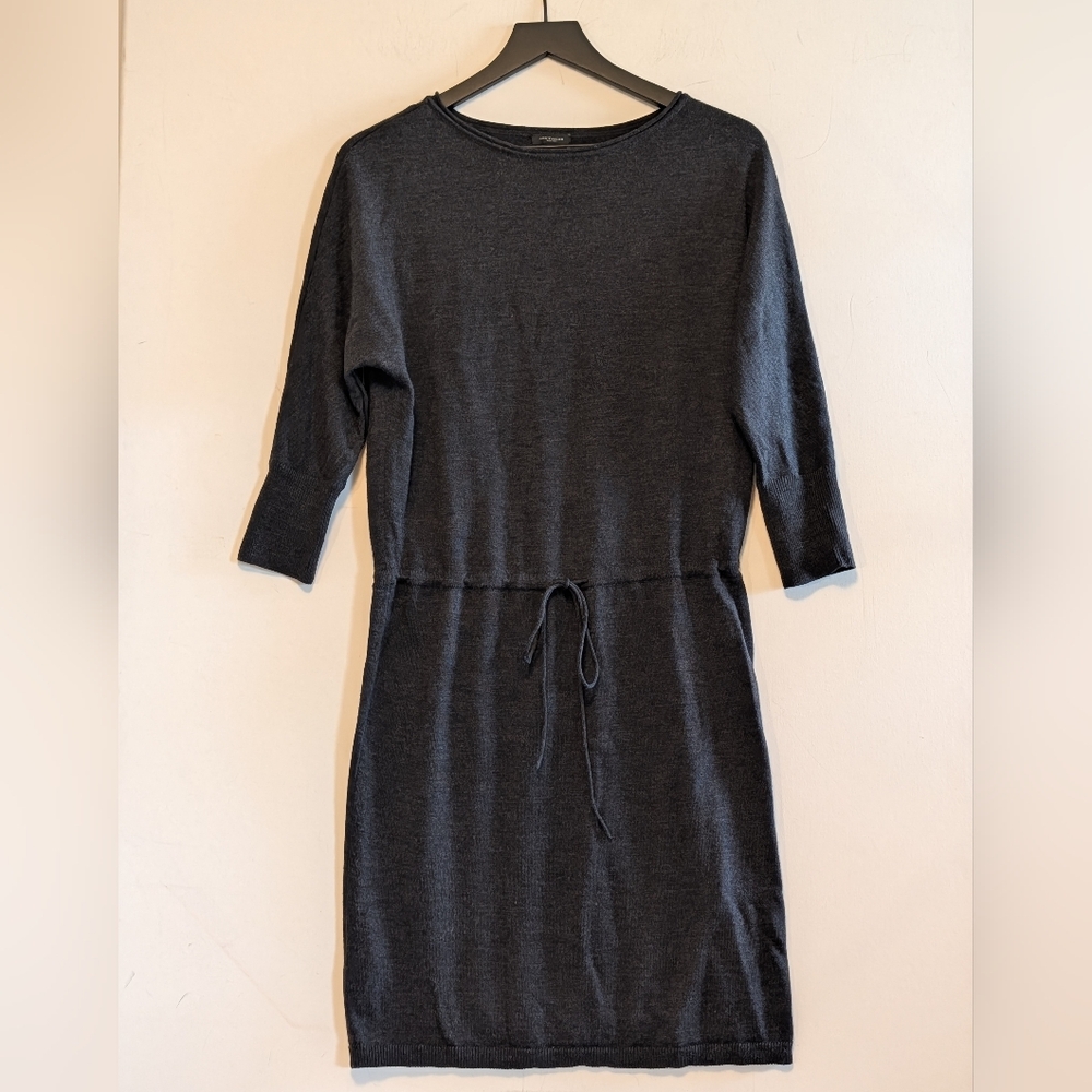 Ann Taylor 100% Merino Wool Sweater Dress Gray Drawstring Cinch Waist Small Luxe